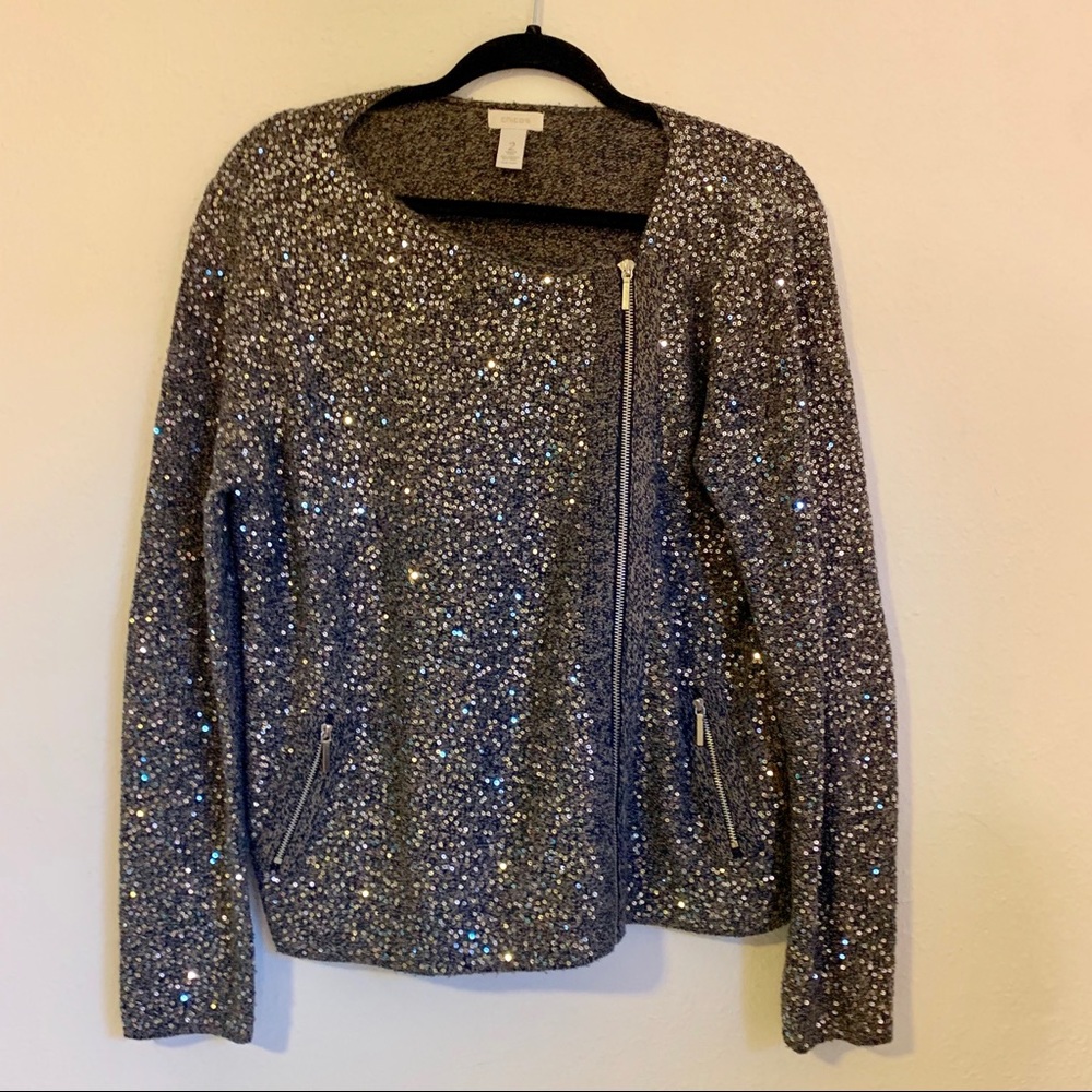 Chico’s Silver Sequin Sparkle Zipper Jacket/blazer